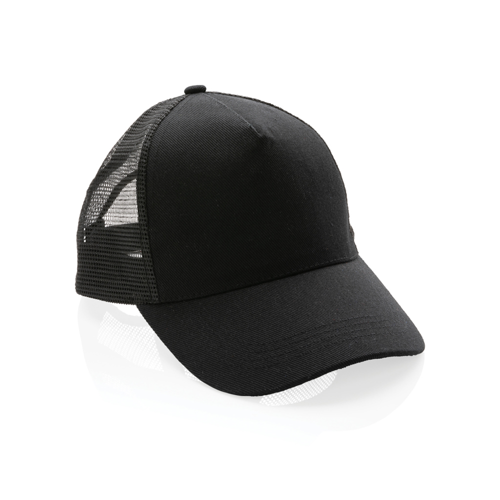 Impact AWARE™ 5 panel recycled katoenen truckercap - zwart (± PMS Black)