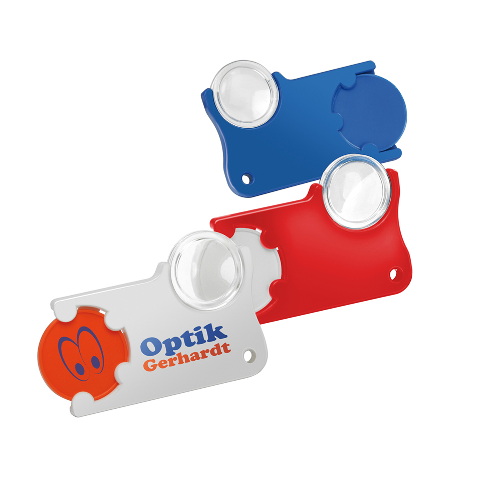 Chiphouder met winkelwagenmuntje 1€ en loep