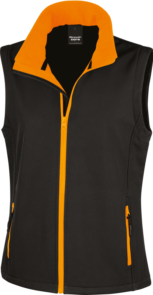 R232F - Core Ladies Printable Softshell Bodywarmer - Black / Orange