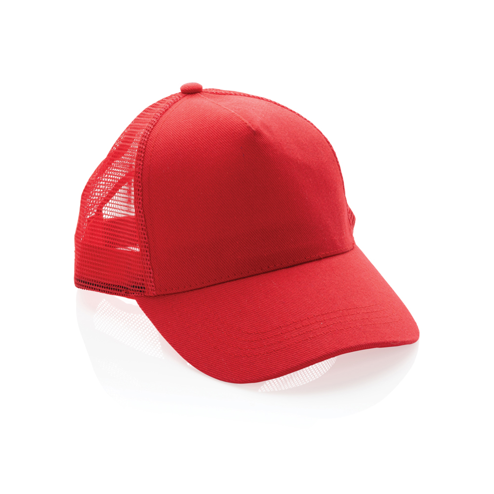 Impact AWARE™ 5 panel recycled katoenen truckercap - rood (± PMS 186)