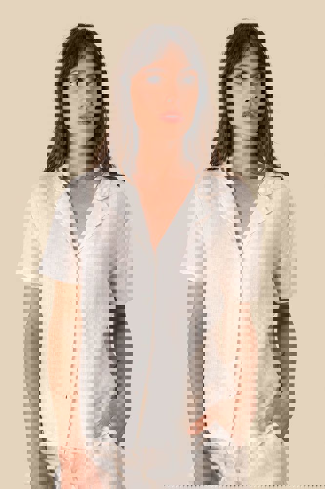 SP523 - Damesoverhemd met korte mouwen en bowlingkraag in linnen