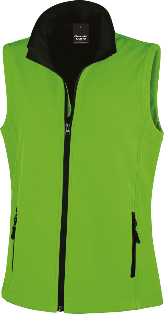 R232F - Core Ladies Printable Softshell Bodywarmer - Vivid Green / Black