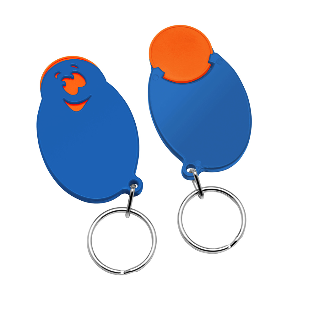 Chiphouder met winkelwagenmuntje 1€ "gezicht" - oranje/blauw