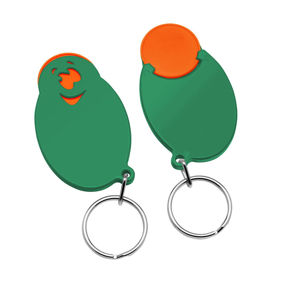 Chiphouder met winkelwagenmuntje 1€ "gezicht" - oranje/groen