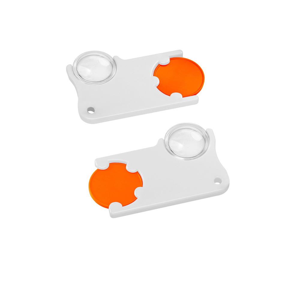 Chiphouder met winkelwagenmuntje 1€ en loep - oranje/wit