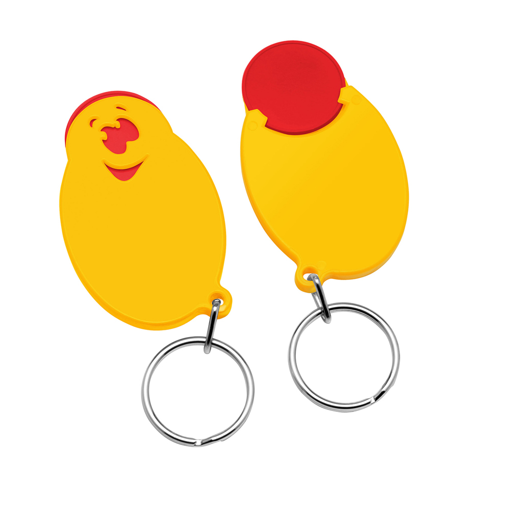 Chiphouder met winkelwagenmuntje 1€ "gezicht" - rood/geel