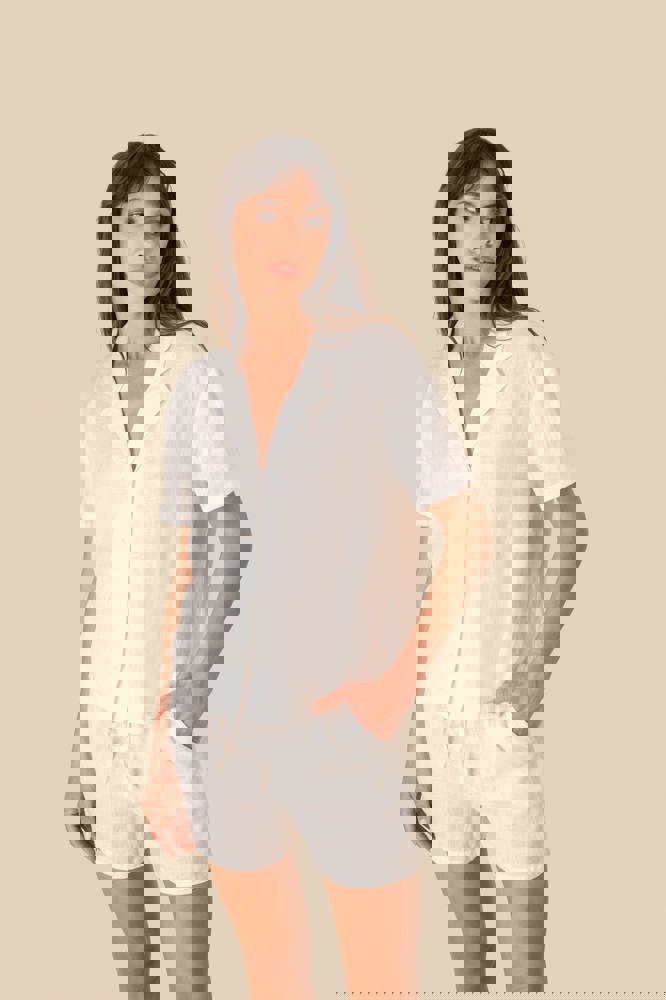 SP523 - Damesoverhemd met korte mouwen en bowlingkraag in linnen