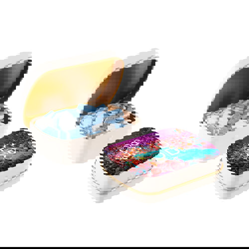 Mini scharnierblikje gevuld met pepermunt - Mat Zand/Goud