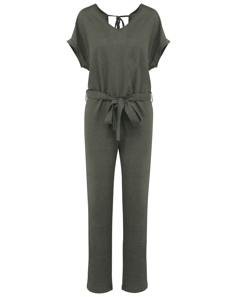 SP5004 - Tricot jumpsuit met korte mouwen voor dames in linnen - Organic Khaki