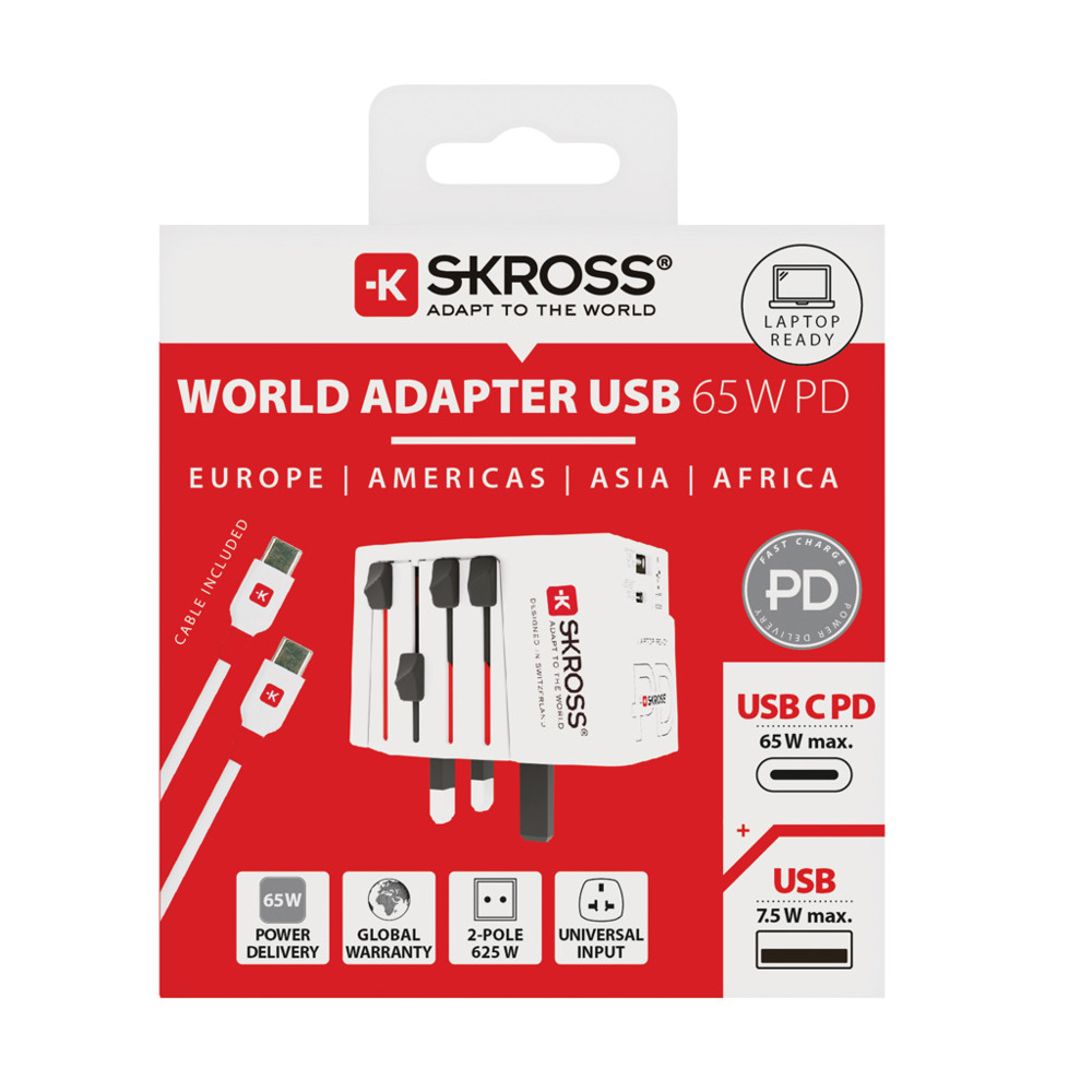 SKROSS MUV Wereldreisadapter 65W PD met USB C-kabel