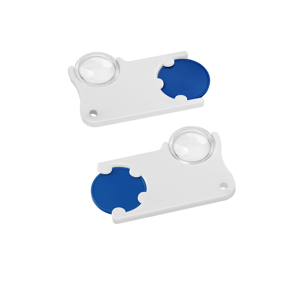 Chiphouder met winkelwagenmuntje 1€ en loep - blauw/wit