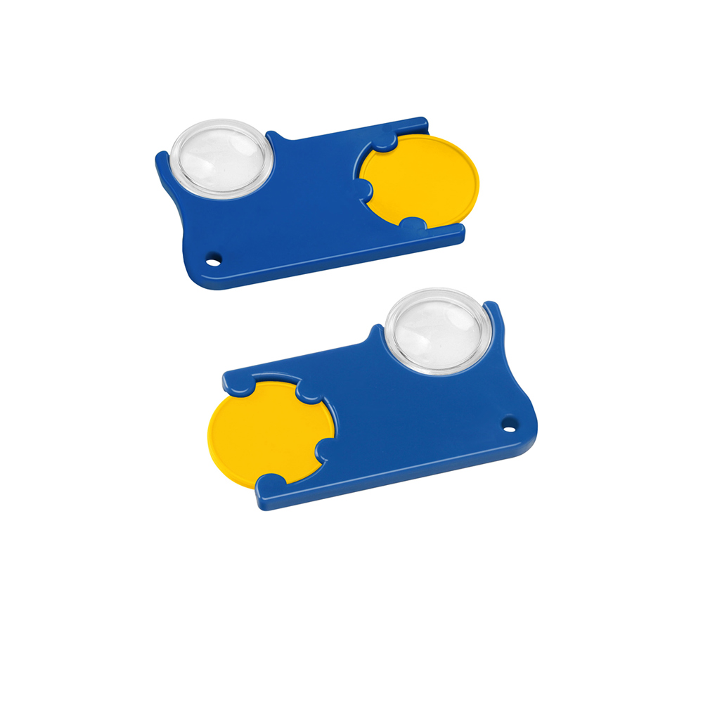 Chiphouder met winkelwagenmuntje 1€ en loep - geel/blauw