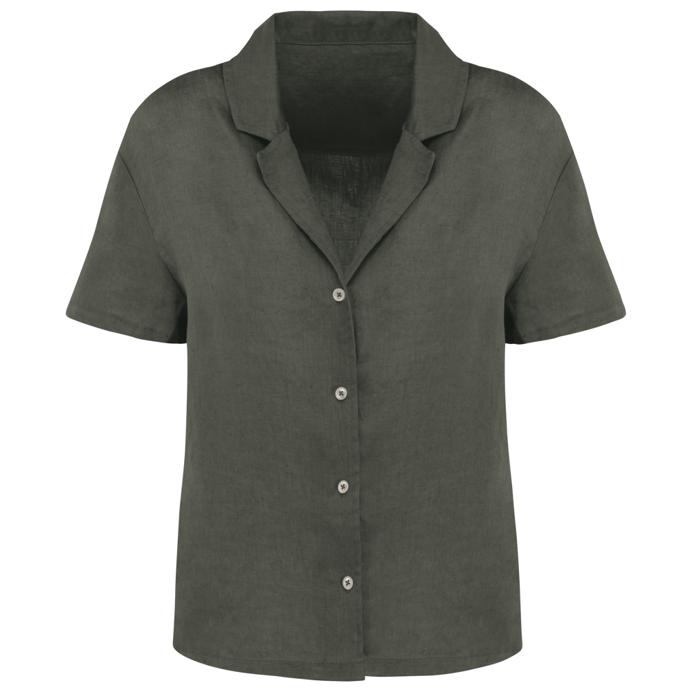 SP523 - Damesoverhemd met korte mouwen en bowlingkraag in linnen - Organic Khaki