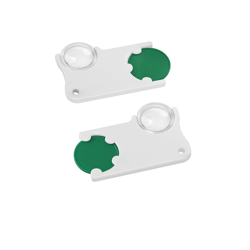 Chiphouder met winkelwagenmuntje 1€ en loep - groen/wit