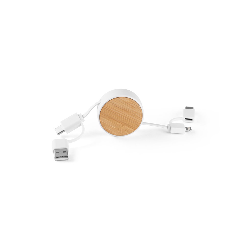 RUBINS. 6-in-1 intrekbare USB-kabel van gerecycled ABS (100% rABS) en bamboe - Wit