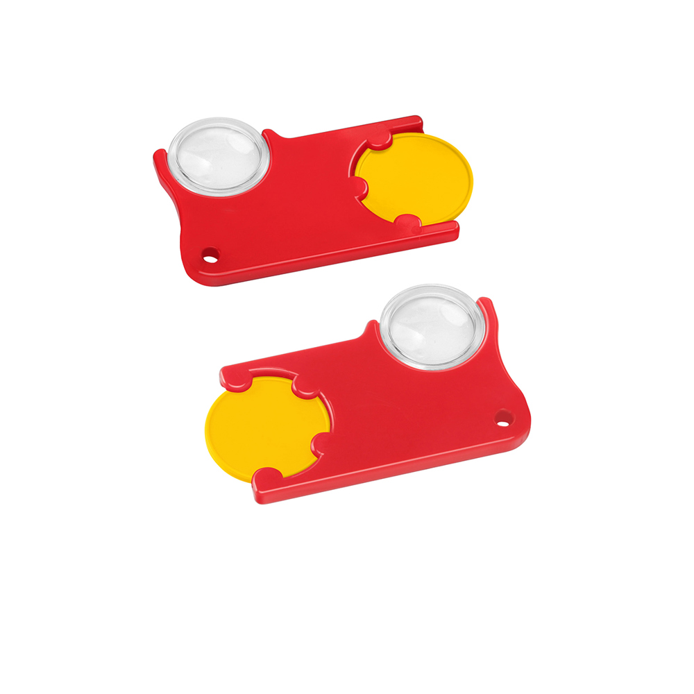Chiphouder met winkelwagenmuntje 1€ en loep - geel/rood