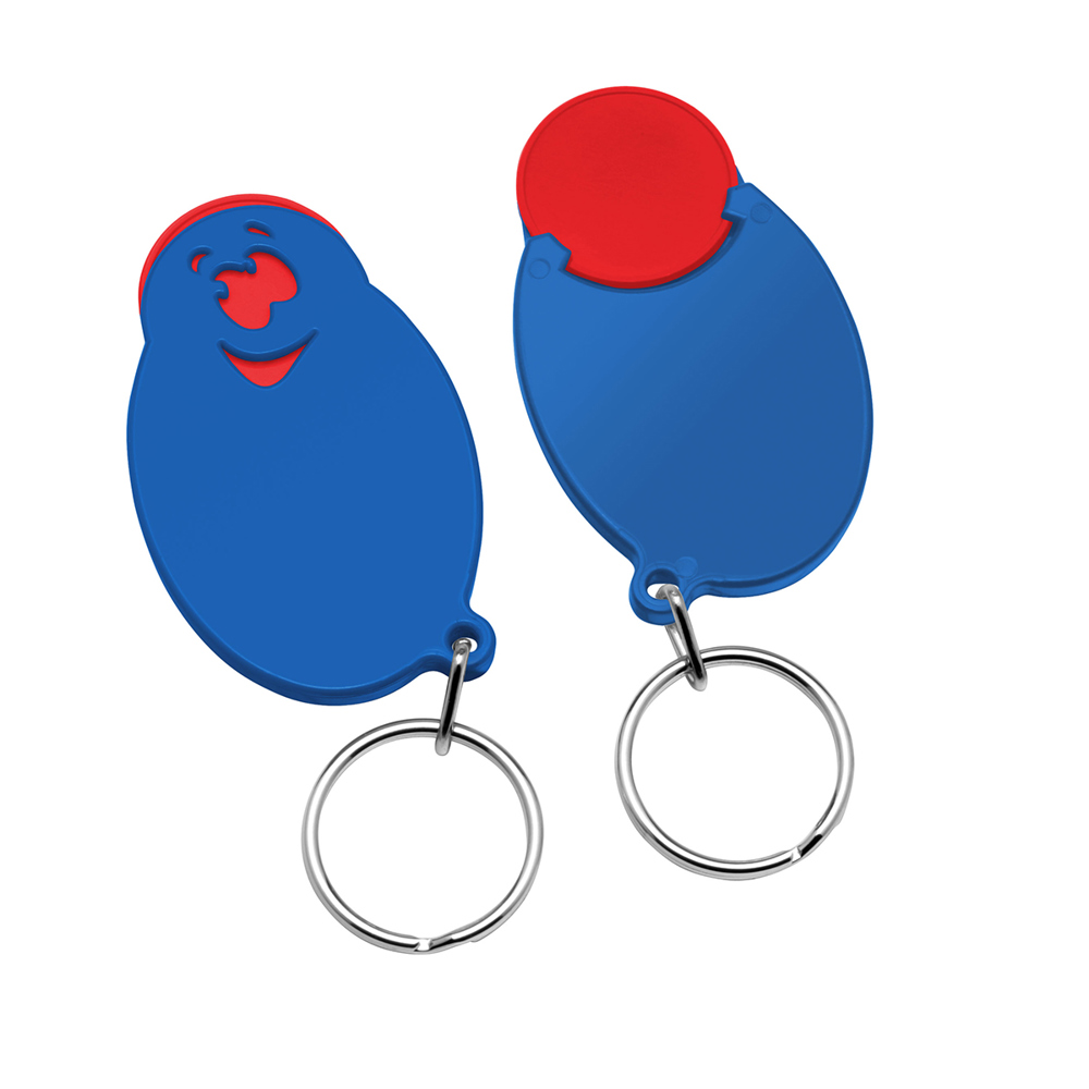 Chiphouder met winkelwagenmuntje 1€ "gezicht" - rood/blauw