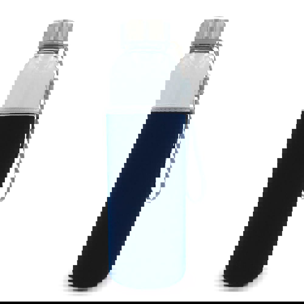 Waterfles glas met sleeve 500ml - Transparant / Donkerblauw