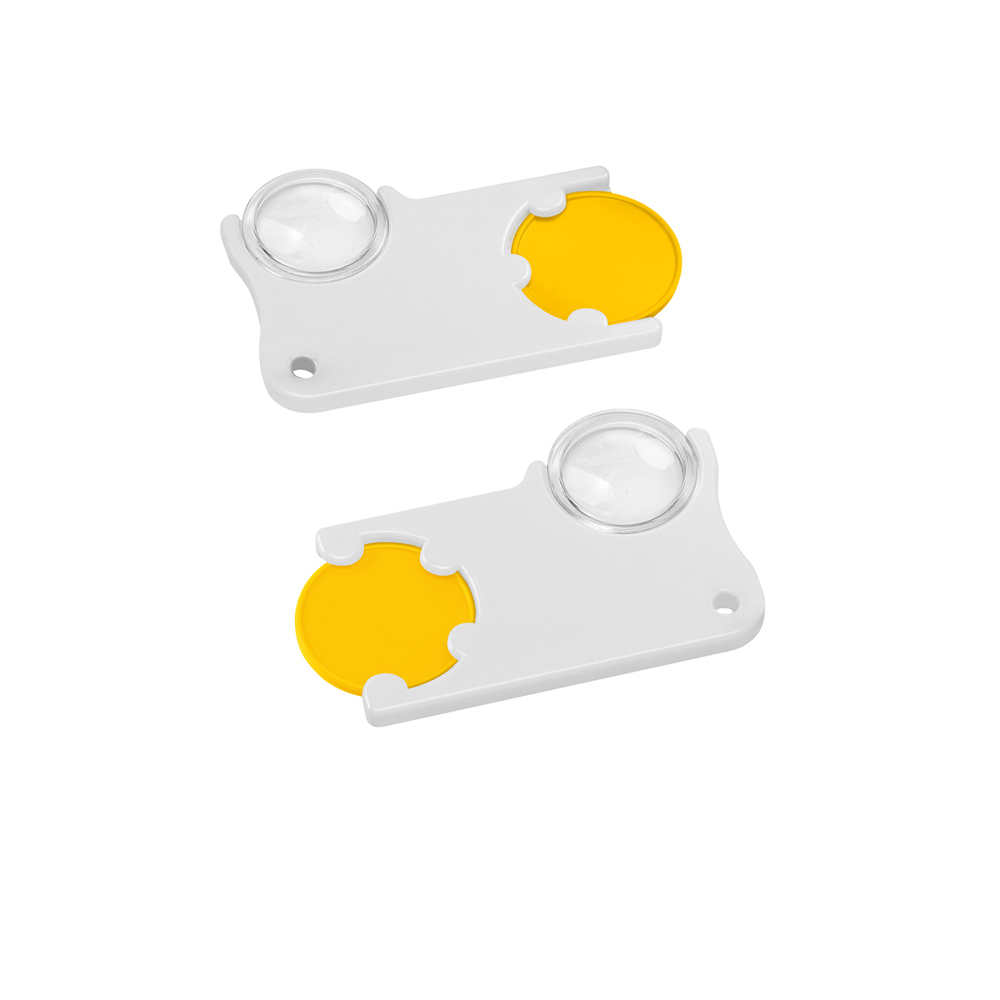 Chiphouder met winkelwagenmuntje 1€ en loep - geel/wit