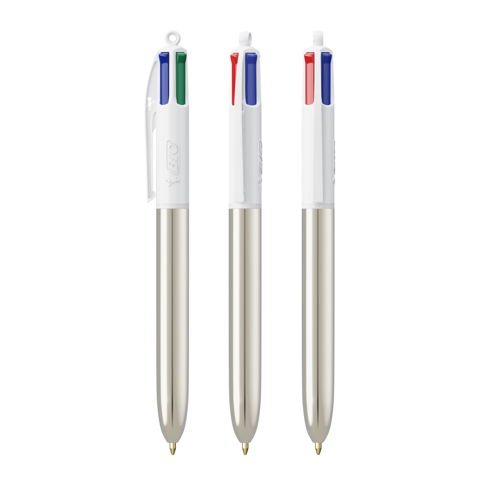 BIC® 4 Colours Shine balpen + Lanyard - Wit/Metalllic Zilver