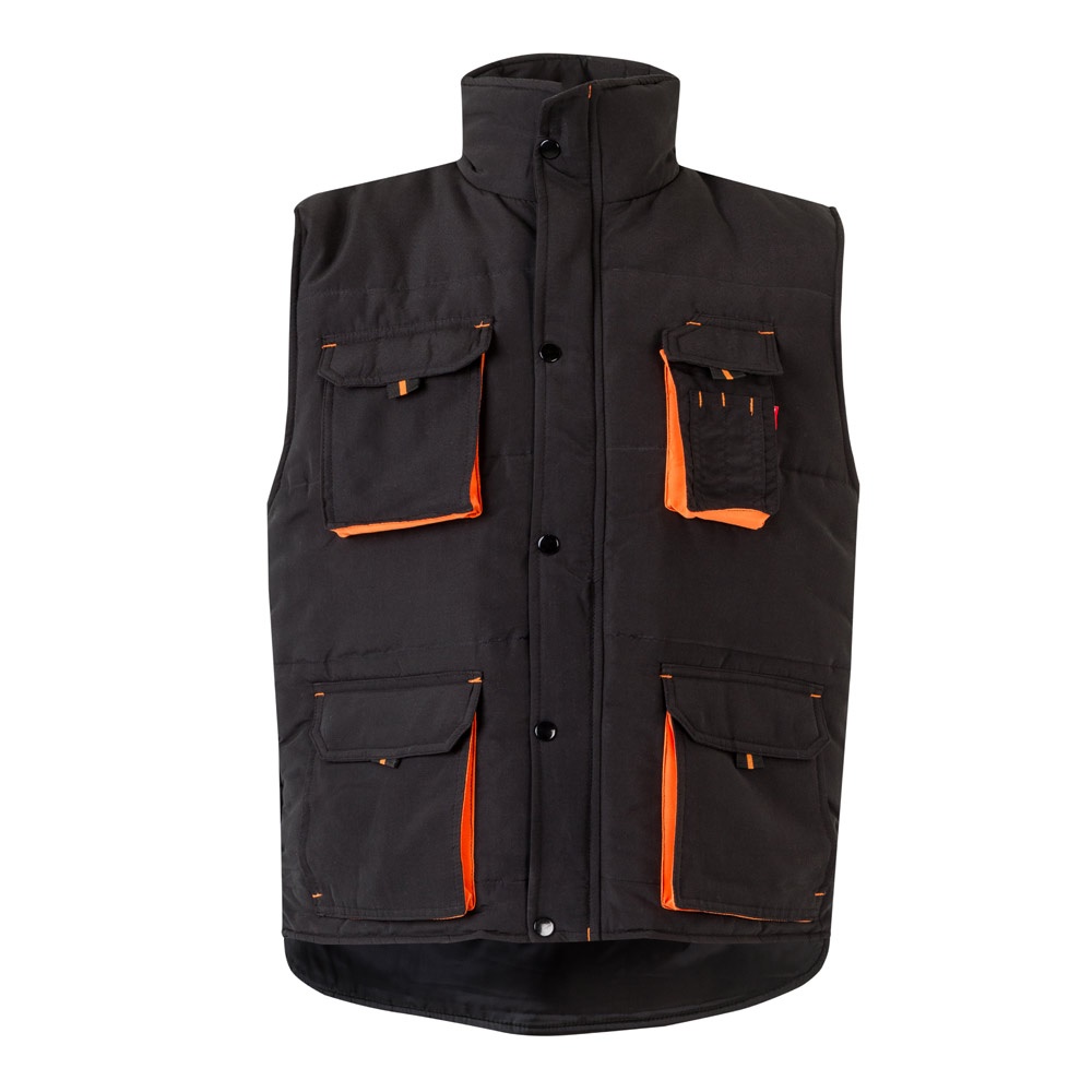 VL NERGAL. Gewatteerd vest, tweekleurig, met meerdere zakken (120g/m²), van polyester (100%) - Zwart, Oranje